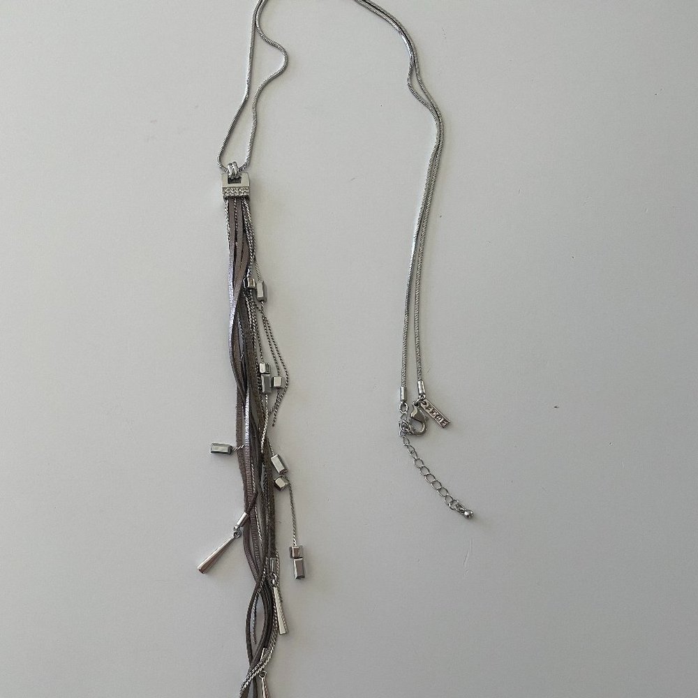 WHBM Silver Necklace with SIlver/Brown Metalic Leather and Silver Tassel
